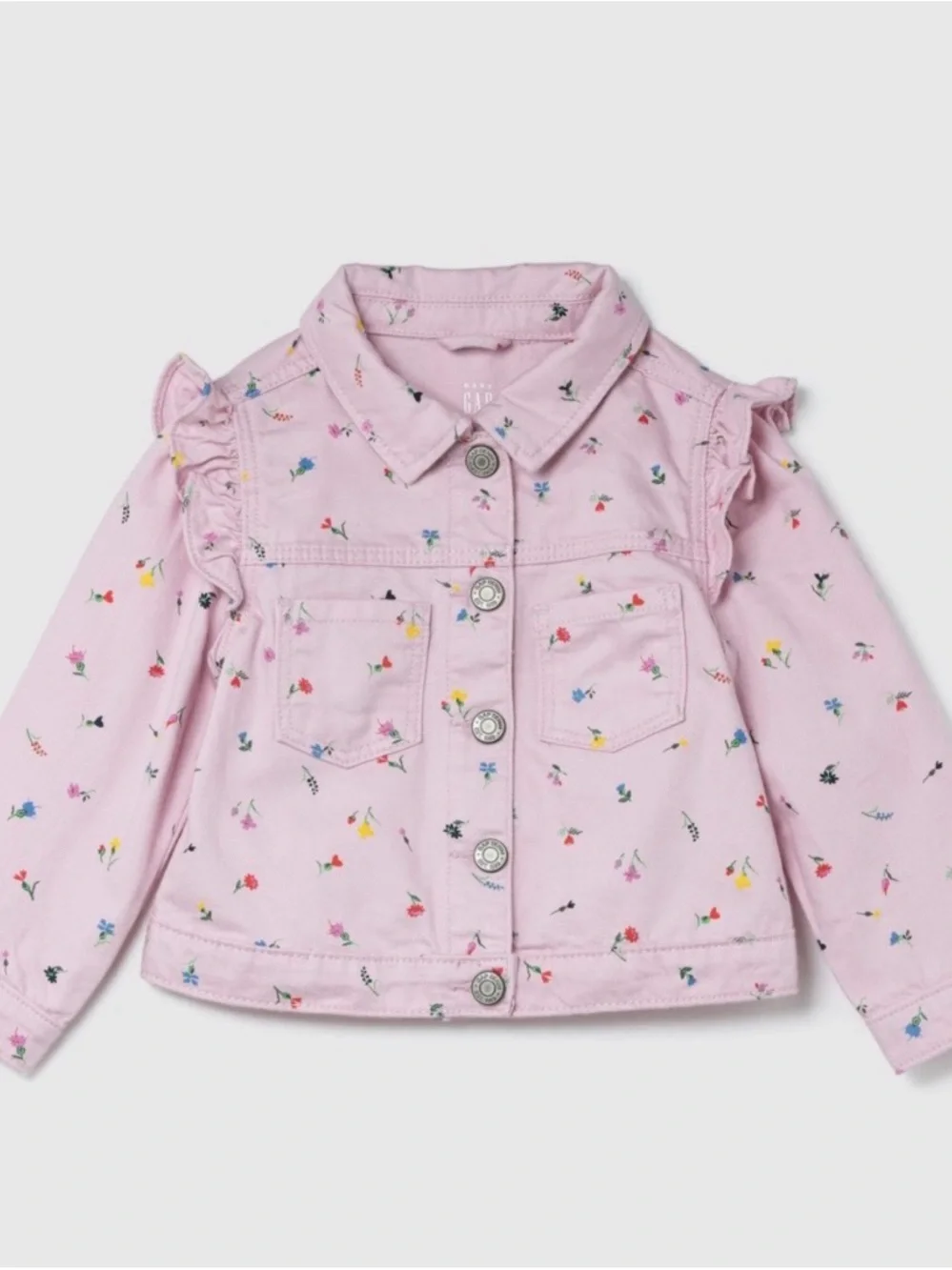 GAP Pink Floral Ruffle-Shoulder Jean Jacket